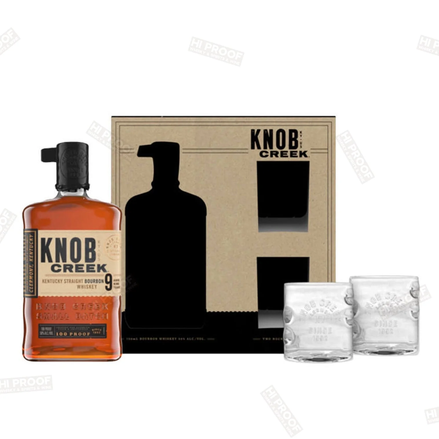Knob Creek Kentucky Straight Bourbon Aged 9 Year 100 Proof with 2 Signature Glasses Gift Set